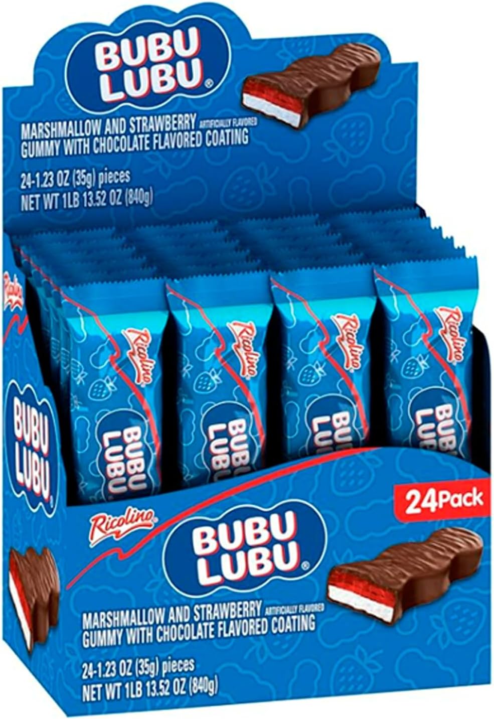RICOLINO Bubulubu Chocolate Strawberry Marshmallow Bar Box with 24 count