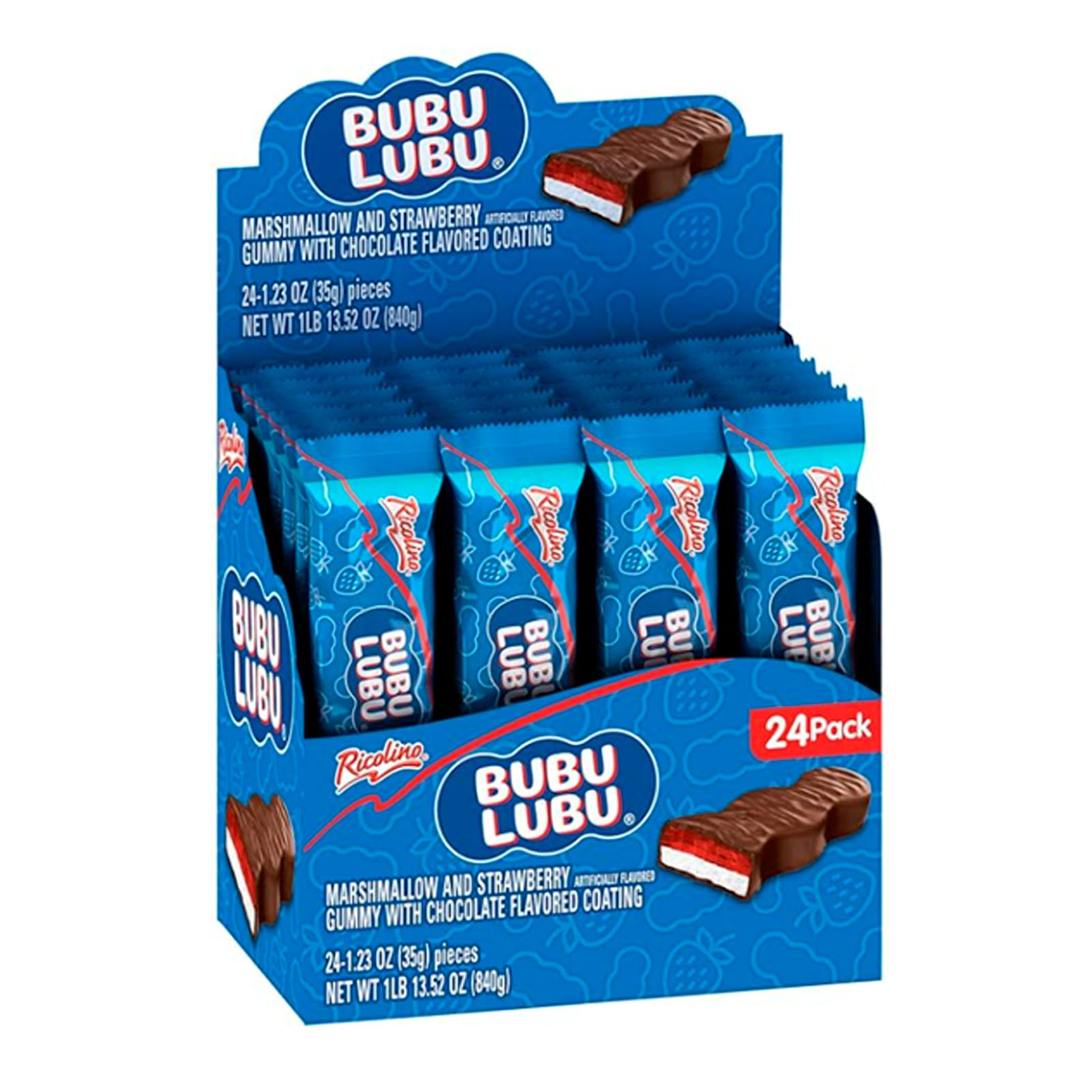 RICOLINO Bubulubu Chocolate Strawberry Marshmallow Bar Box with 24 count