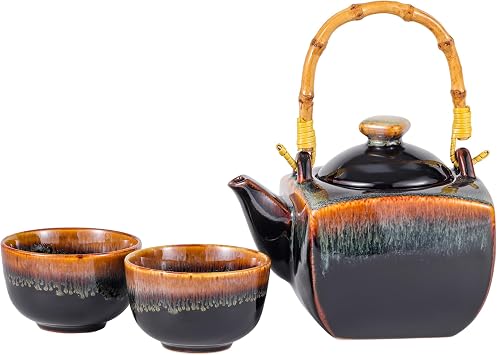Porcelain Tea Set 3 piece Japanese Style Asian 30 fl oz Tea Pot with 2 Tea Cups Set With Strainer and Top Handle Reactive Glazed Tea Party Servingware Black Brown