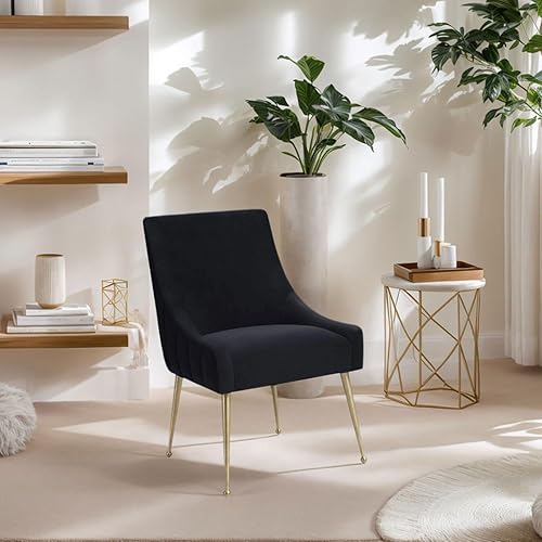 Irina - Silla de comedor moderna de terciopelo negro y gris fácil de limpiar, silla lateral tapizada con patas doradas cepilladas