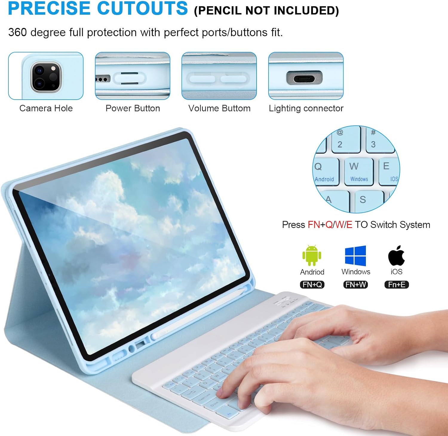 Keyboard Case for iPad Air 13 2024 M2,iPad Pro 12.9 '' 6th/5th Generation,iPad Pro 12.9’’ Generation Case with Keyboard 2022,Detachable Bluetooth Keyboard for iPad Pro 12.9’’ with Pencil Holder,Blue