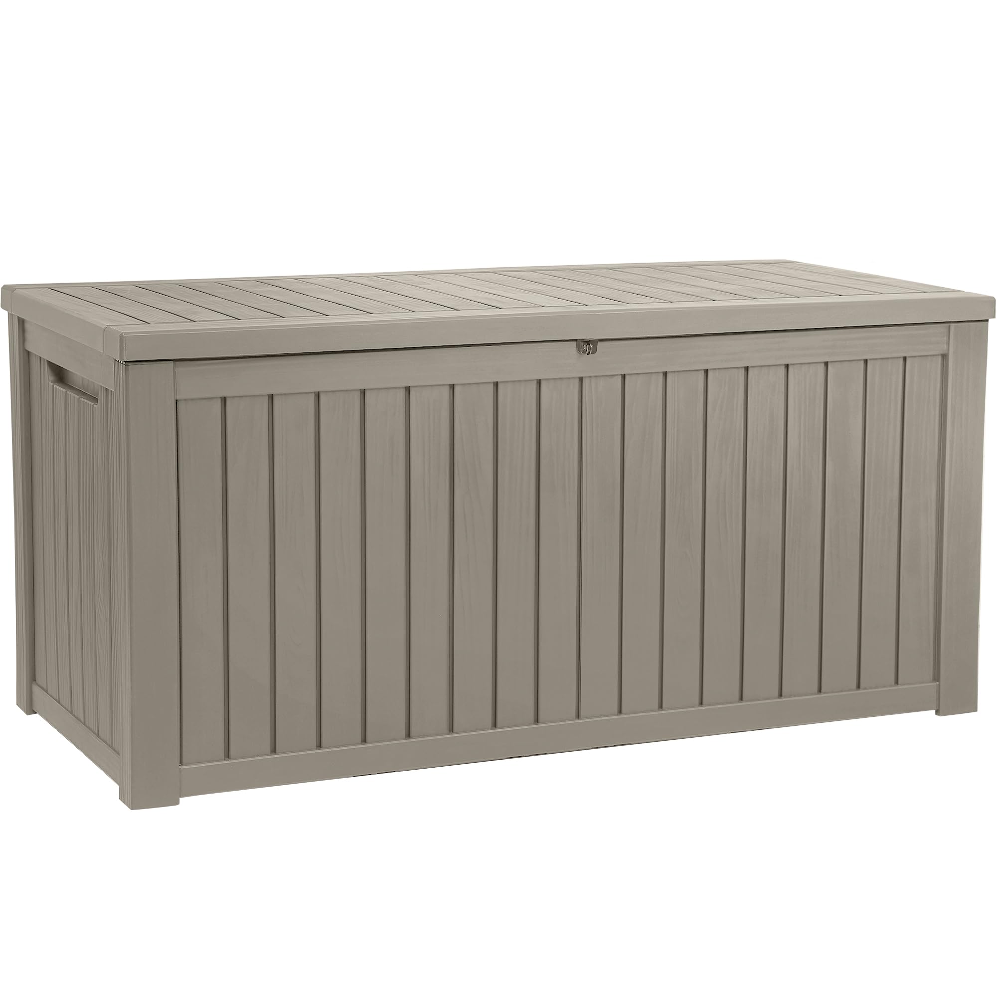 YITAHOME 680L Large Garden Storage Box with Divider, Waterproof Deck Box Doubles as Outdoor Storage Bench or Patio Table, Lockable, 154.5 x 72.1 x 74.1 cm, Faux Woodgrain, Light brown