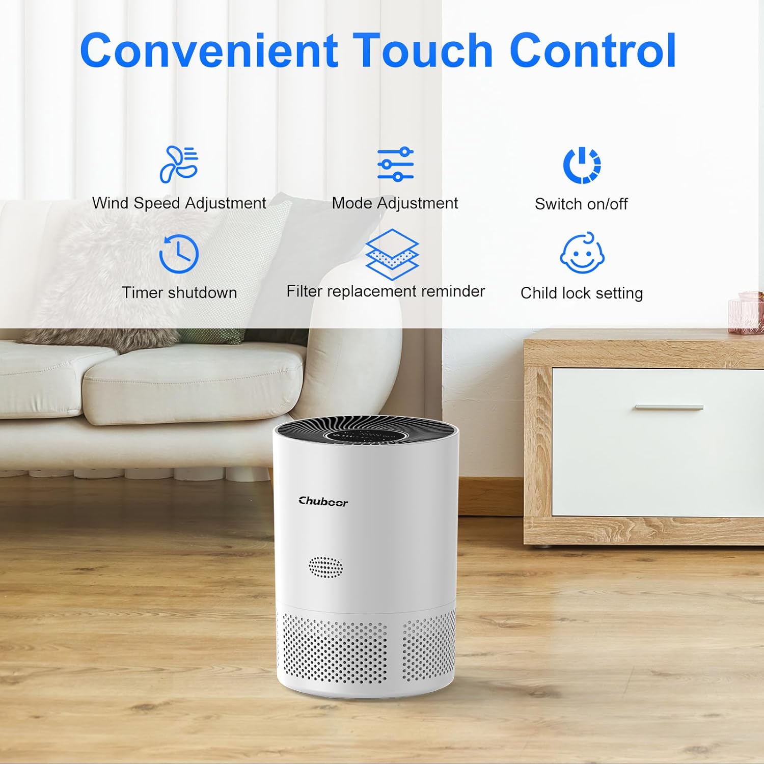 Control panel of the Chuboor PJ01 Air Purifier showing touch icons for wind speed, mode adjustment, power, timer, filter replacement reminder, and child lock.