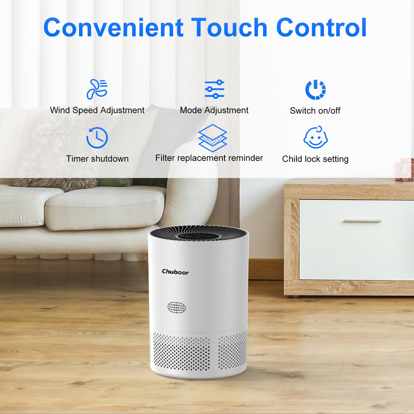 Chuboor Purificatore d'aria anallergico, filtro dell'aria HEPA contro muffa, polvere e peli di animali 185 m³/h CADR per camera da letto fino a 40 m², indicatore di qualità dell'aria, modalità auto