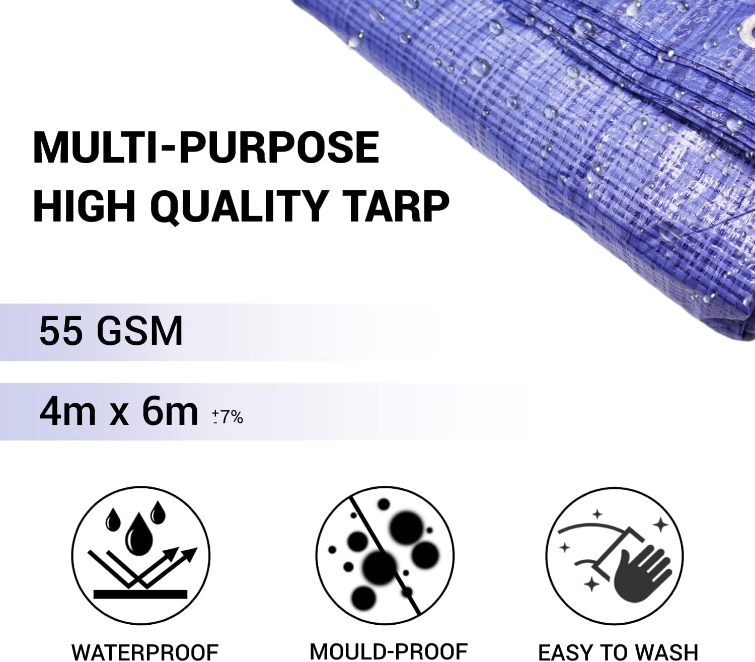 (Pack of 1 pcs) Tarpaulin Waterproof 4 x 6 m Blue 55 g/m2 Sheet with Metal Rings, Protective Sheets, Car Cover - Image 3