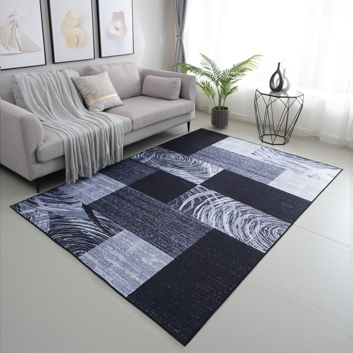viceroy bedding Modern PRINT NON SLIP Rugs Living Room Carpet Mat For Bedroom Large Area Rug Hallway Kitchen Extra Large Size Low Pile Flat Weave (Abstract Black Grey, 120 x 170 cm)