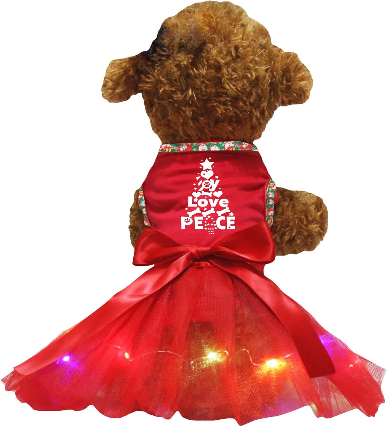 Petitebella Joy Love Peace Christmas Tree Puppy Dog Dress (Red/Red LED, XX-Large)