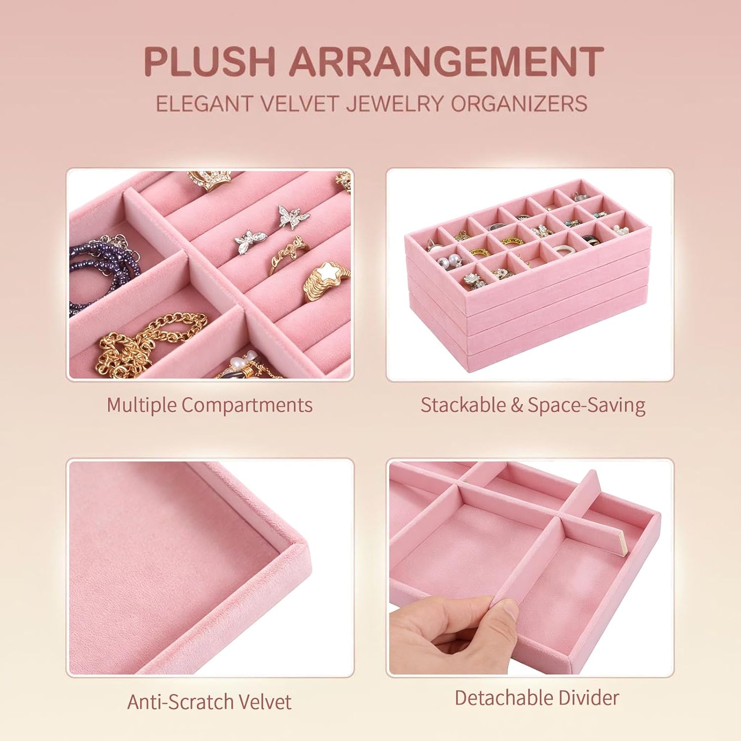 8 Pcs Jewelry Drawer Organizers, Velvet Jewelry Trays for Drawer, Stackable Jewelry Trays, Ideal for Rings, Earrings, Bracelets, Necklaces, Pink image 4
