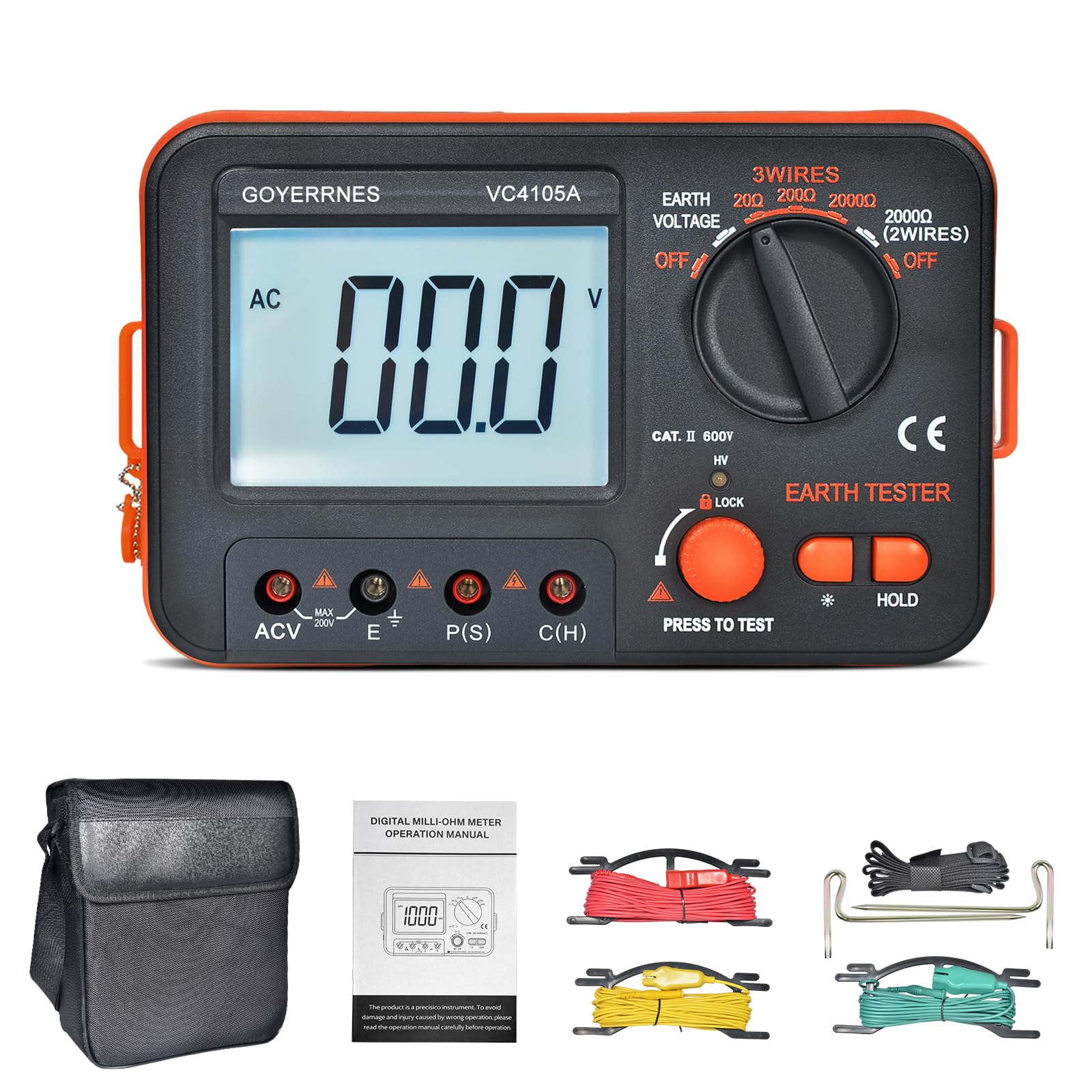 Megohmmetre de Medidor de Tierra y probador de aislamiento Rango de medición 0-1999 Ω Medición de resistencia a tierra y tensión alterna probador de tierra resistencia a tierra con pantalla LCD