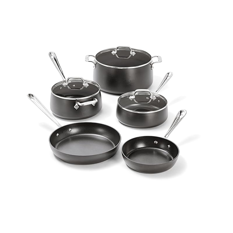 All-Clad HA1 Hard Anodized Nonstick (8-Piece) Pots and Pans Set Non Stick Cookware Sets, Oven Broiler Safe 500F, Black 8 Piece Set