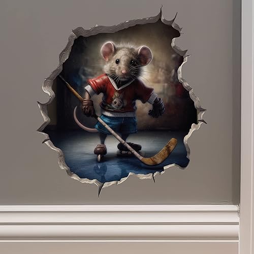 My Wonderful Walls Adhesivo de pared 3D de ratón de hockey con agujero de ratón, vinilo rojo para paredes, ventanas, superficies ligeramente