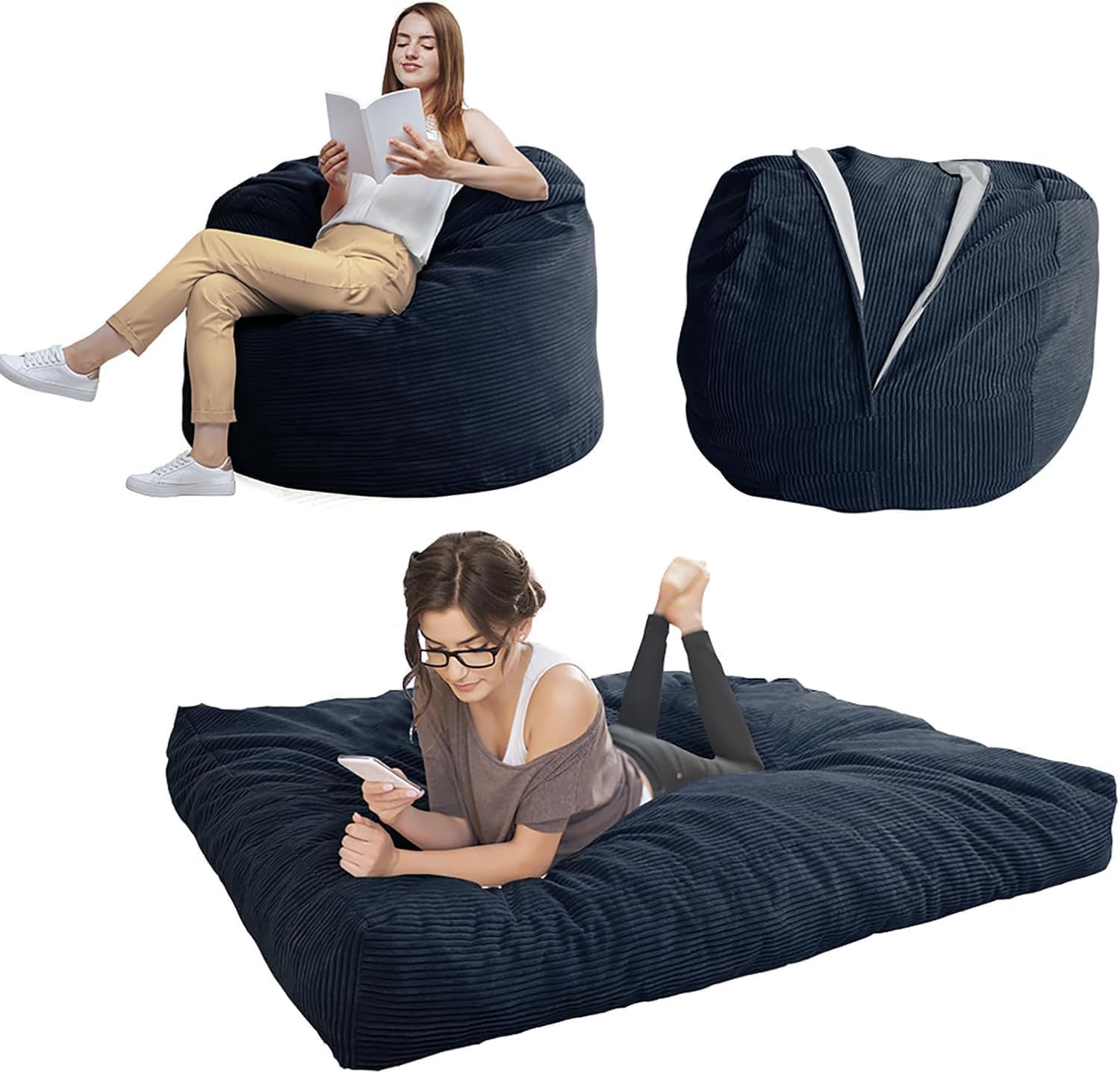 MAXYOYO Giant Bean Bag Chair Bed for Adults, Convertible Beanbag Folds from Lazy Chair to Floor Mattress Bed, Large Floor Sofa Couch, Big Sofa Bed, High-Density Foam Filling, Machine Washable Twin Navy