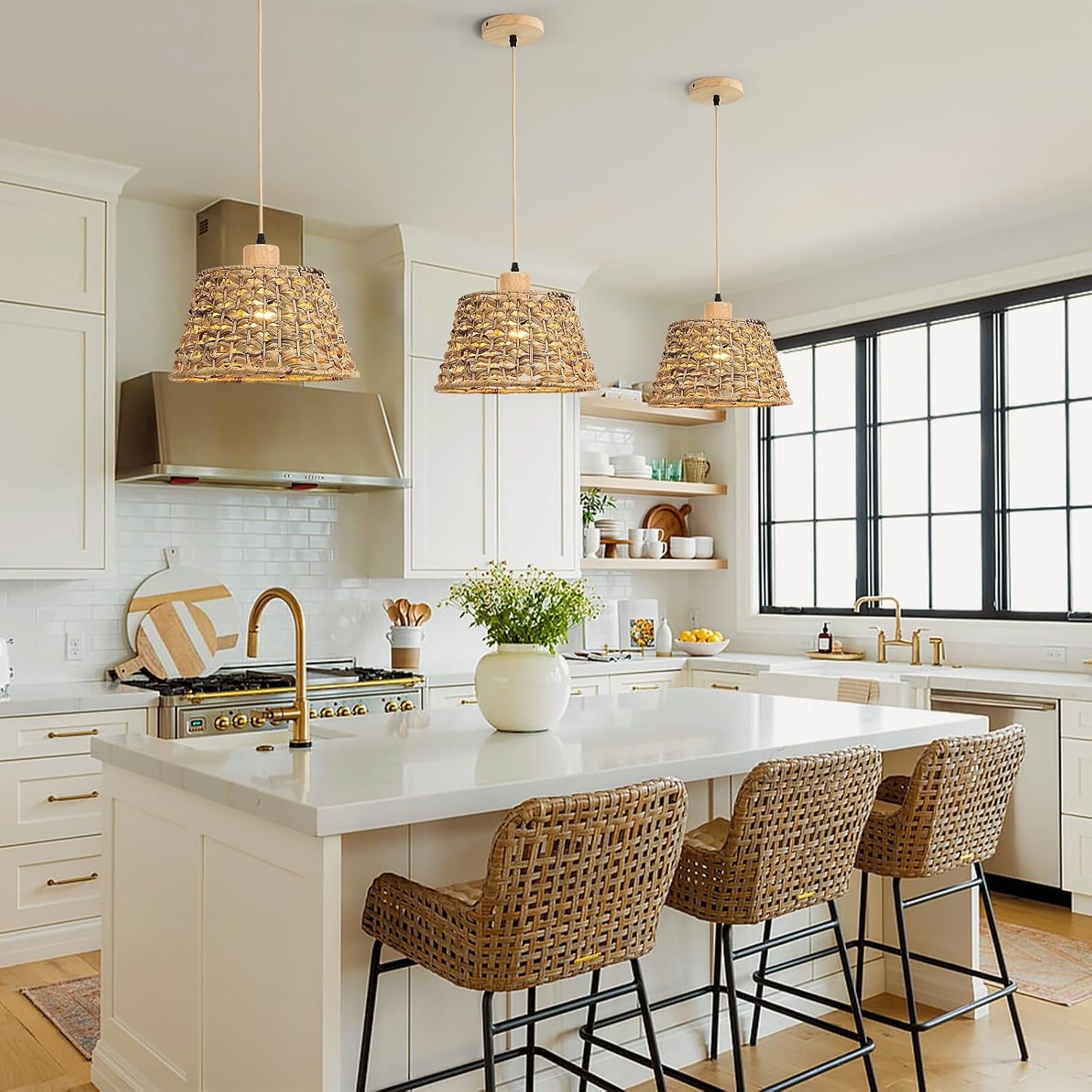 AroimRex Rattan Boho Pendant Light Hand-Woven Wicker Chandelier with Water Hyacinth Shade Natural Coastal Cone Hanging Light adjustable for Kitchen Island Sink Dining Room Cafe(3PC)
