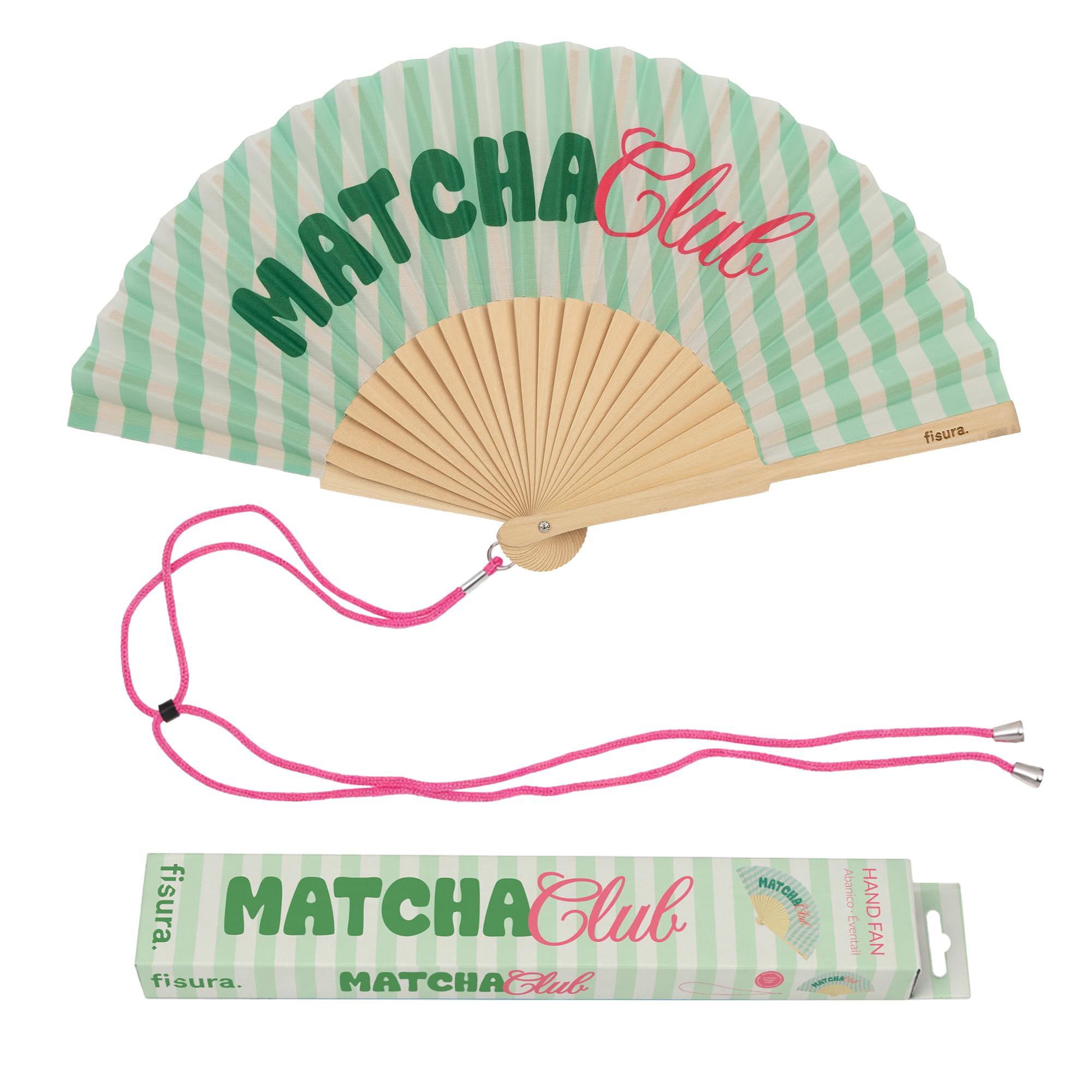 Fisura – Original “Matcha Club” Message Folding Fan, Modern and Colourful Folding Handheld Fan, Green Stripe Design for Wedding, Rave, Festival - Includes Strap. Size: 42.5 x 23 cm