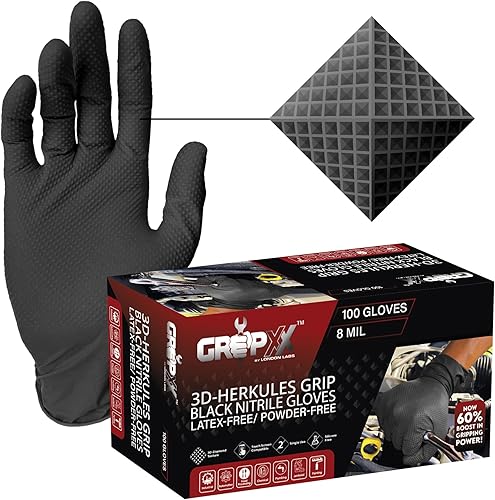 Herkules Grip - Guantes de nitrilo negro resistentes de 8 mil, textura de diamante elevado 3D, látex y sin polvo, industrial, mecánico