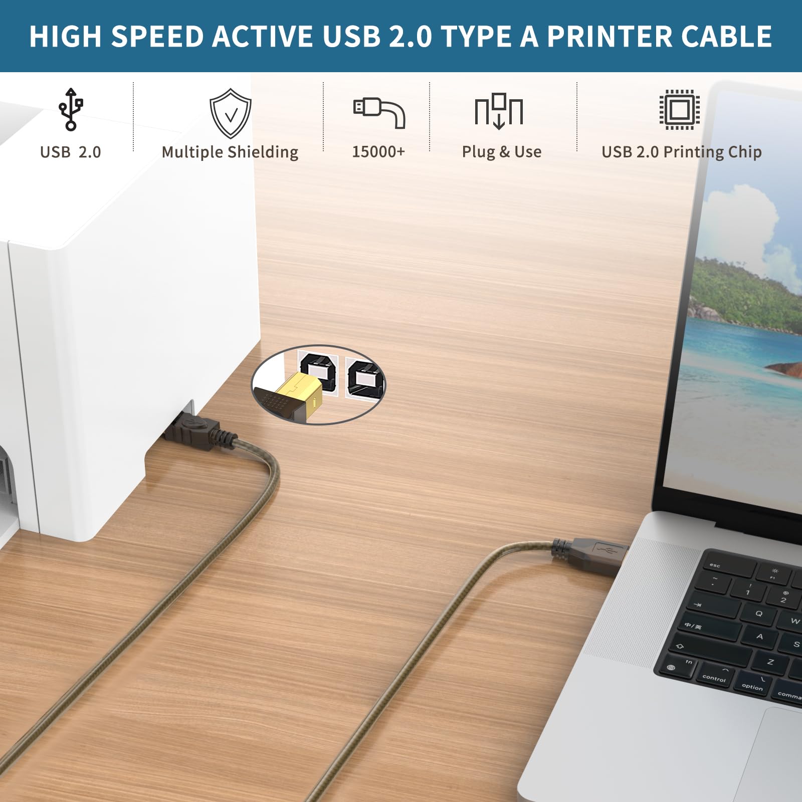 Cavo stampante 30,5 m, USB 2.0 tipo A a tipo B, cavo scanner, cavo stampante USB attivo ad alta velocità, cavo USB per stampante compatibile con HP, Canon, Dell, Epson, Xerox, Samsung