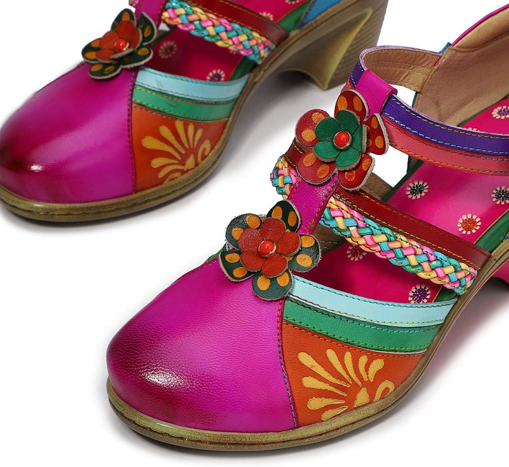 CrazycatZ Leather Mary Jane Shoes,Womens Colorful Block Heel Pumps Vintage Mary Jane Shoes Pumps