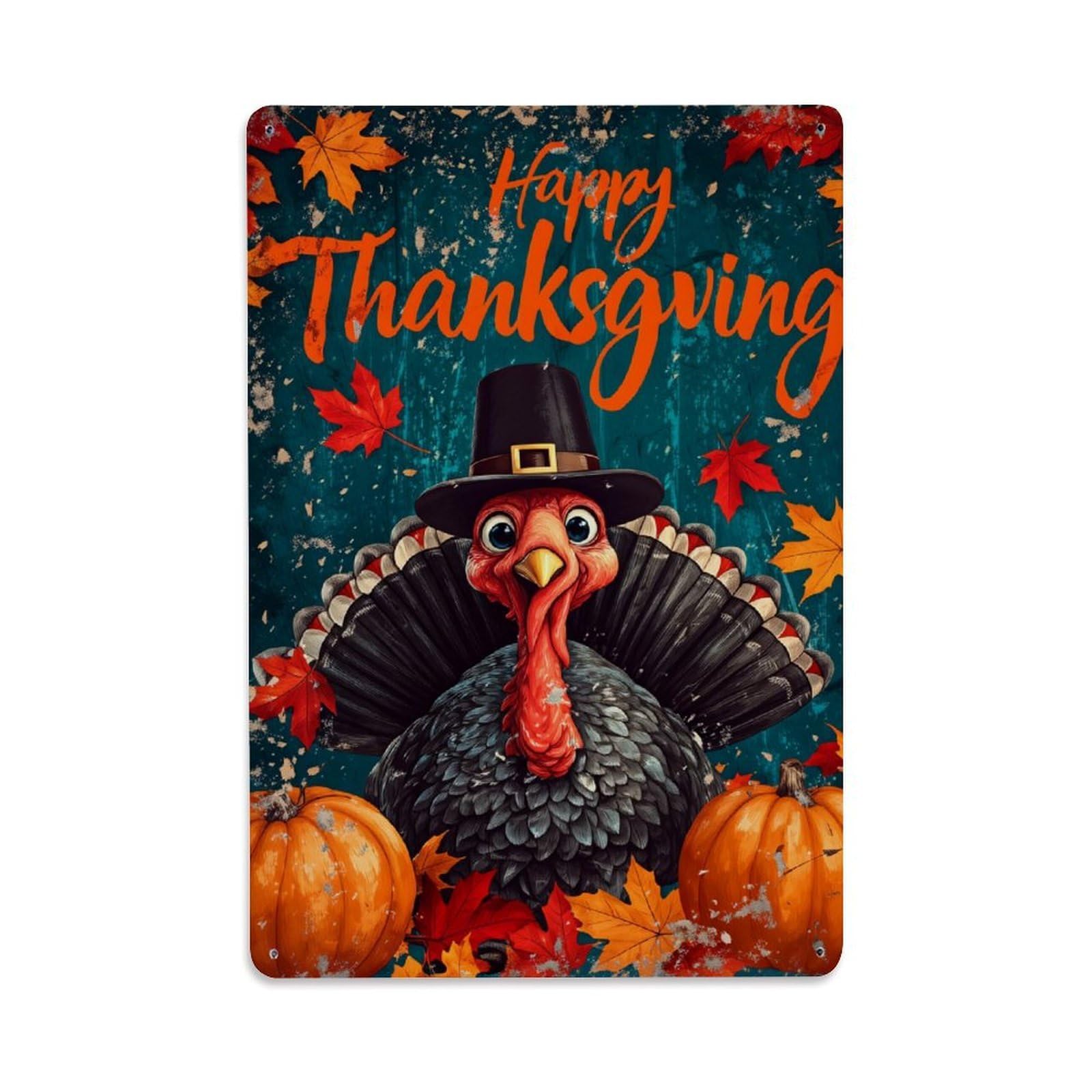 Turkey Pilgrim Hat Autumn Leaves Pumpkins Tin Sign Vintage Metal Poster, Home Bar Garage Man Cave Cafe Indoor & Outdoor Wall Decoration 8x12Inches