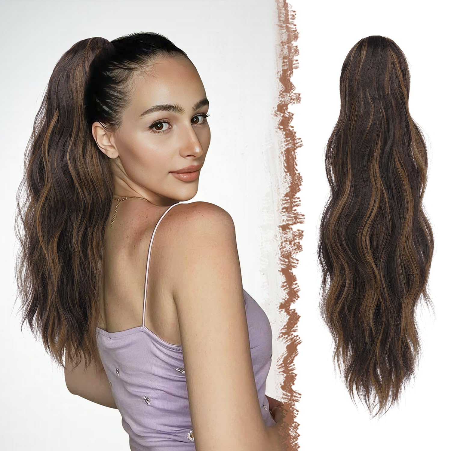 FESHFEN Ponytail Extensions, Long Claw Clip in Ponytail Hairpiece Synthetic Pony Tails Hair Piece Natural Wavy Hairpieces for Women, 20 inch Black