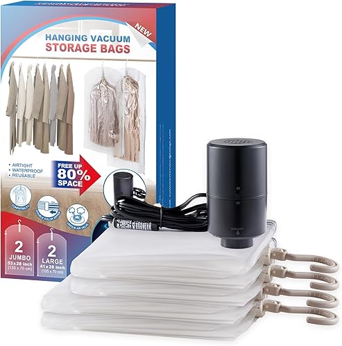 Miniatura 8 de Bolsas de almacenamiento al vacío colgantes, paquete de 4 bolsas de almacenamiento colgantes para ropa con bomba eléctrica, selladas al vacío para