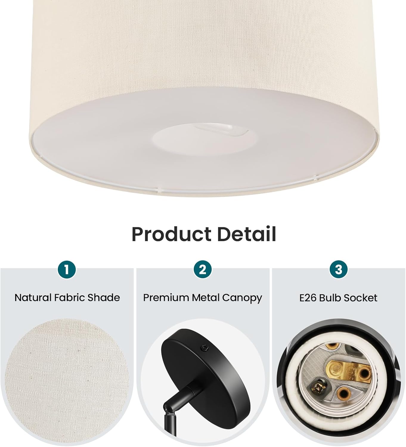 16'' Modern Chandelier, 3-Light Drum Chandelier with Classic Fabric Linen Shade, Farmhouse Adjustable Pendant Light Fixture for Dining Room, Bedroom, and Kitchen