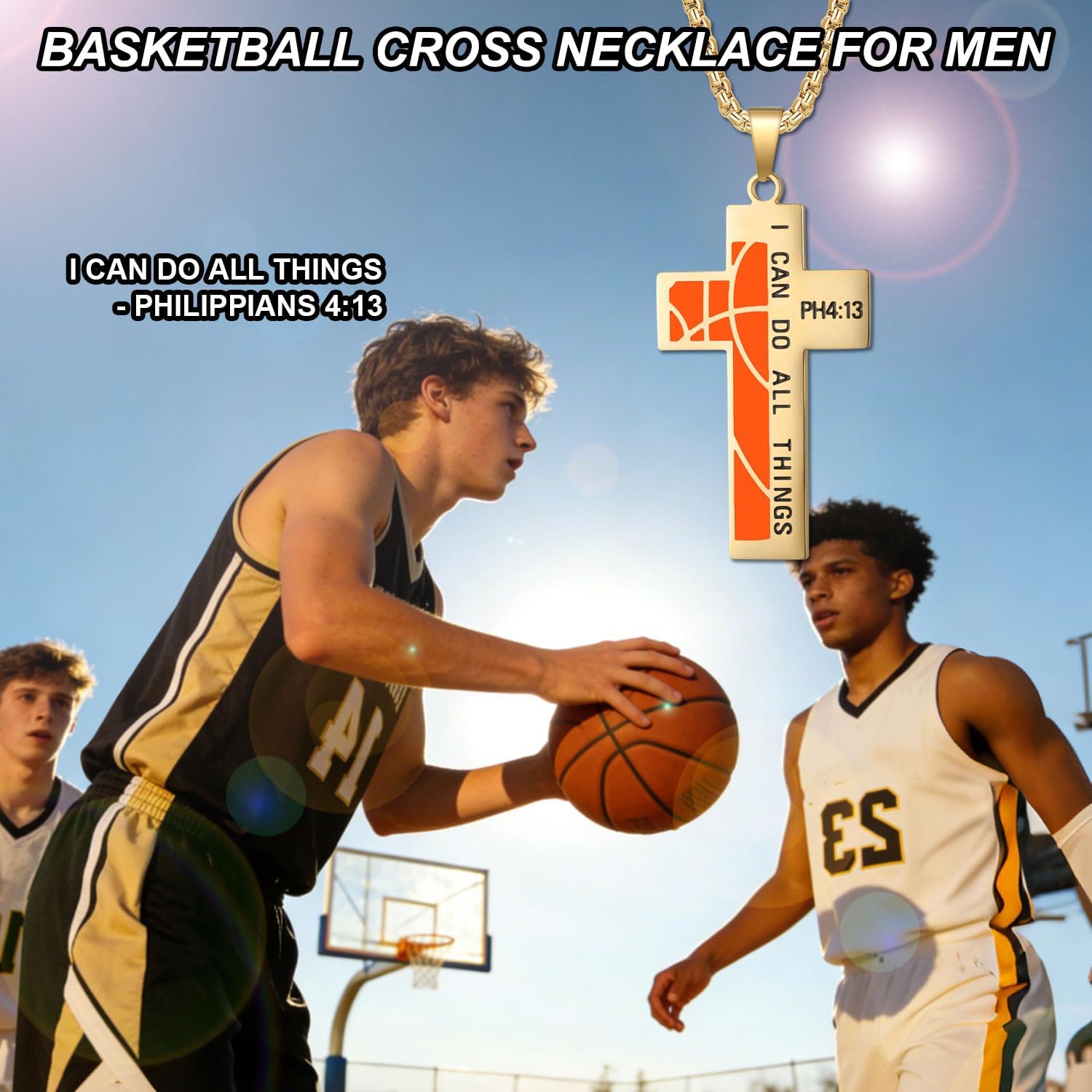Susook Basketball Cross Necklace for Men Bible Verse I CAN DO All Things Stainless Steel Sport Pendant for Men image 5