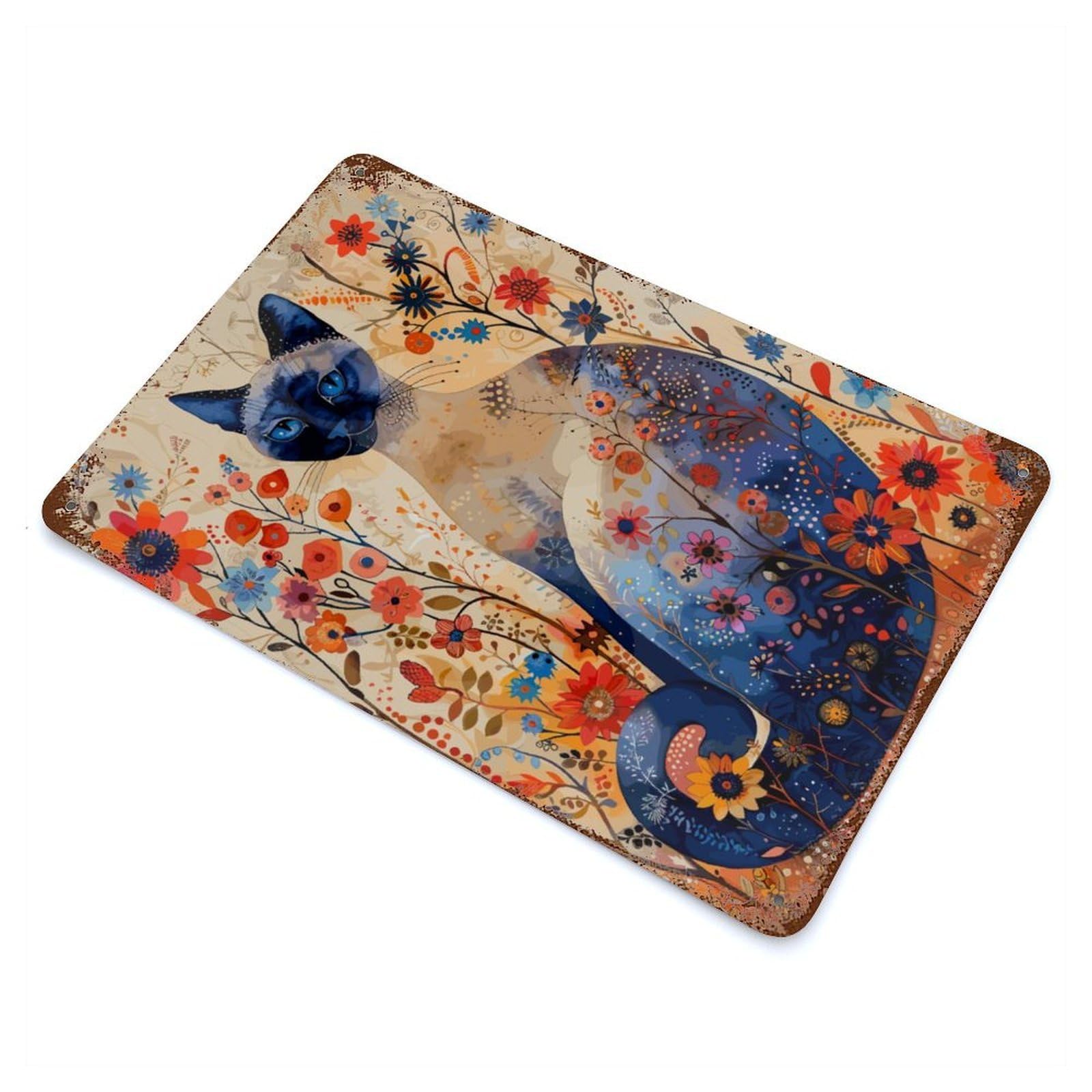 Rusty Metal Tin Sign Siamese Cat 11.8"x7.9", Industrial Home Decor for Patio, Garden Room And Bar Decor