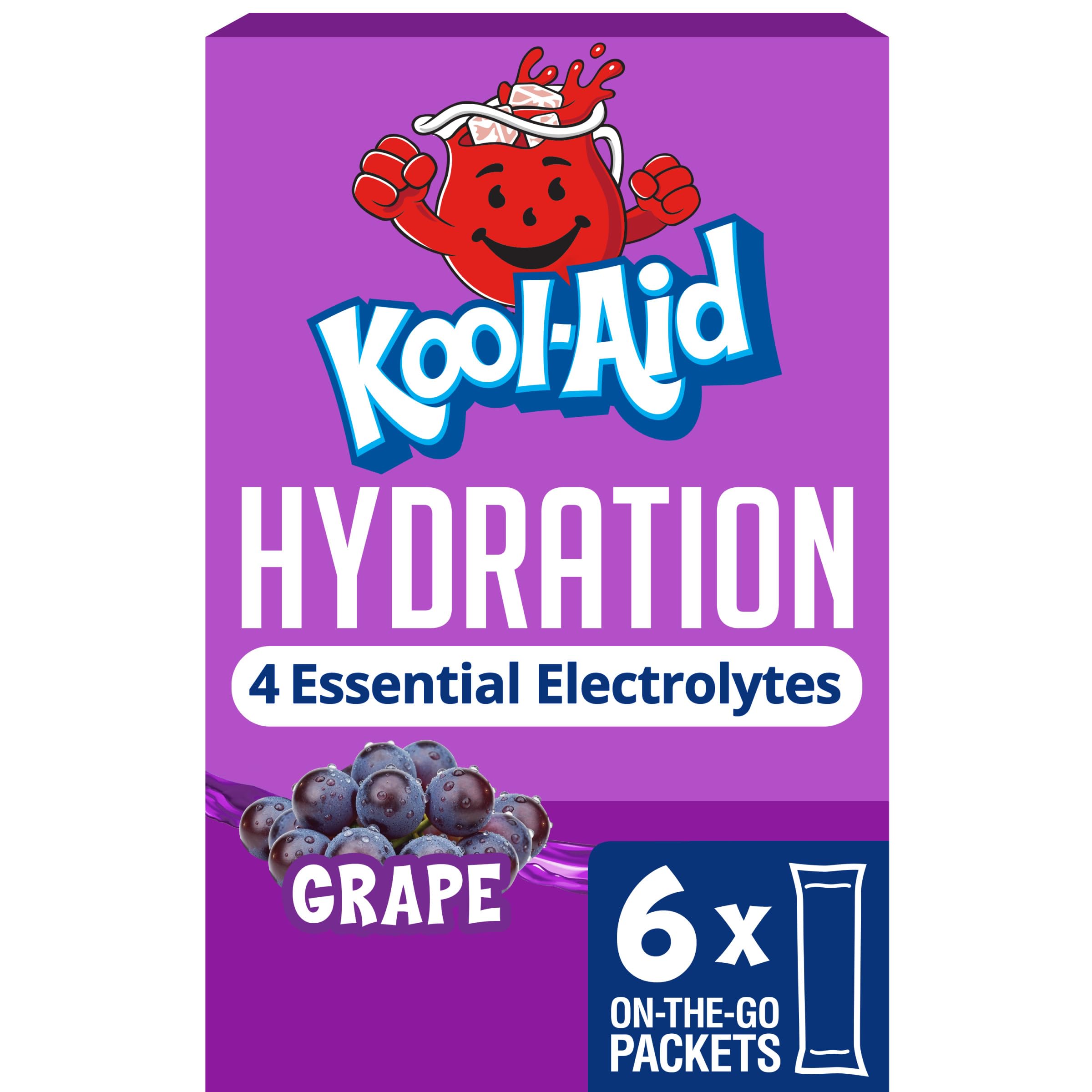 Kool-Aid Hydration Electrolyte Powder Drink Mix, 6 On-the-Go-Packets, for Easy and Flavorful Hydration, Grape Artificial Flavor, Zero Sugar, No Artificial Dyes, Low Calorie, 1.32 oz Box