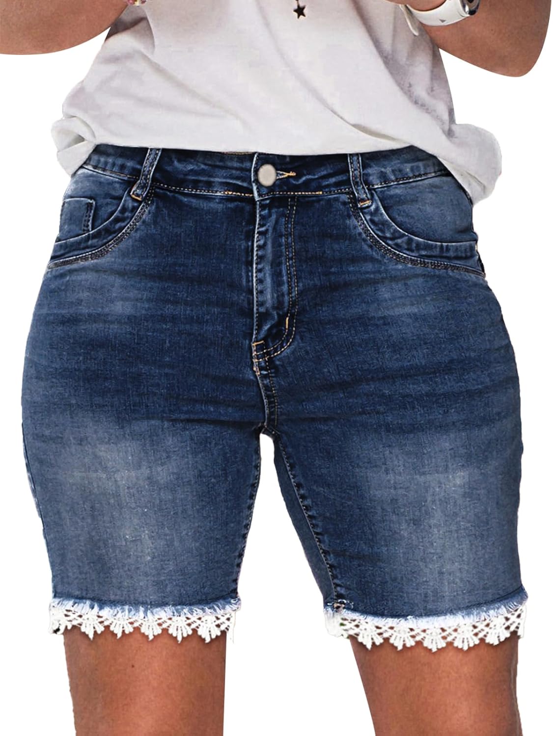 Flamingals Bermuda Jean Shorts for Women Mid Waist Summer Trendy Stretchy Lace Trim Denim Shorts