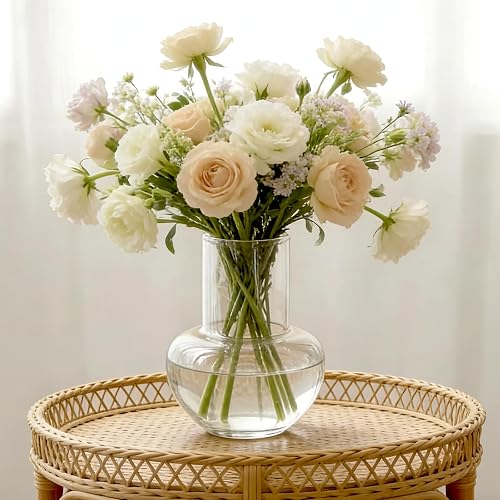 BLOFLO Modern Retro Glass Vase, 7 Inch Bubble Round Bulb Vase, Boho Vintage Home Decor Table Centerpiece for Fresh/Fake Flowers, Ideal Housewarming/Mother’s Day/Birthday Gift (Clear)