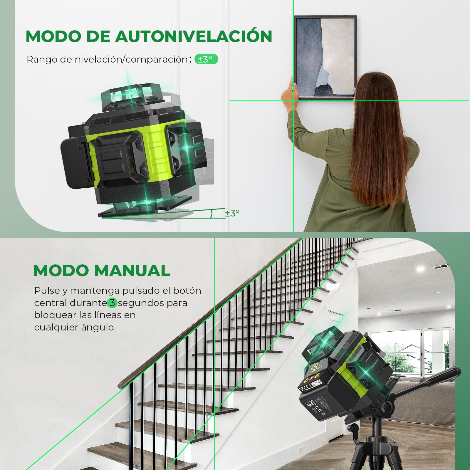 Nivel Laser Autonivelante 360 Grados, Nivel Láser Verde 16 Líneas, 2 x 360 Horizontal y 2 x 360 Verticales, 2 x Batería, Montaje en Pared, Control Remoto, Base Magnética, Soporte Giratorio, Trípode