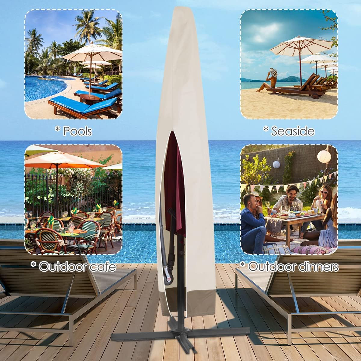 Garden Covers Waterproof and Dustproof Outside Patio Umbrella Covers with Drawstring 600D Oxford Fabric Anti-UV Parasol Covers 190 x 50 x 30cm Silver