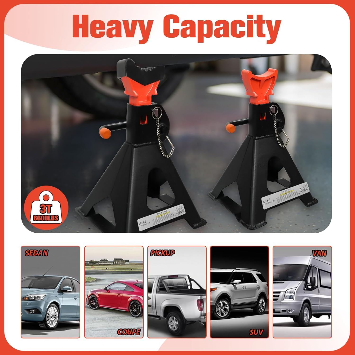 3 Ton Heavy Duty Jack Stands (6,600 LBs) with 2 Crossbars & Double Pin Lock - 11.61" to 16.34" Adjustable Height, Wide Base & Rubber Pads for Trucks, SUVs, Cars, UTV/ATV - 1 Pair