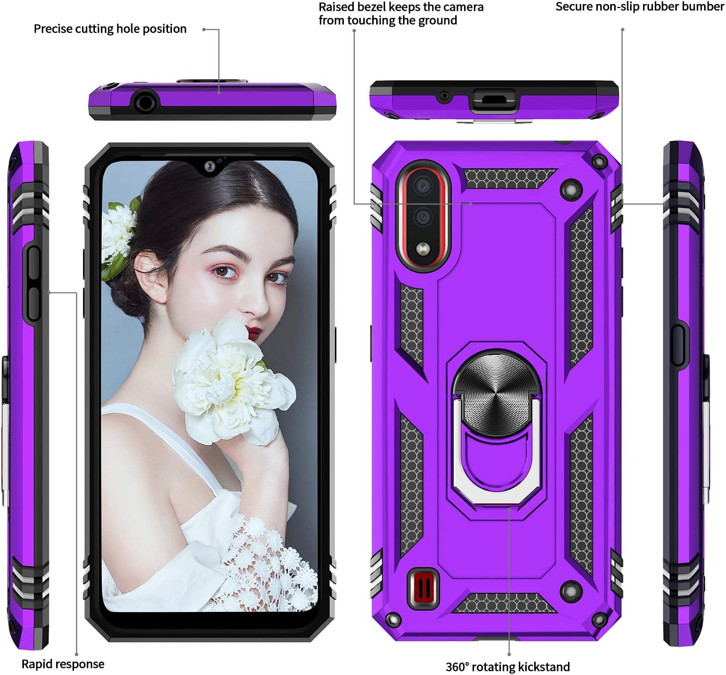 LeYi Compatible for Samsung Galaxy A01 Case with [2 Pack] Tempered Glass Screen Protector,[Military-Grade] Defender Protective Phone Case with Car Ring Holder Kickstand for Samsung A01, Purple