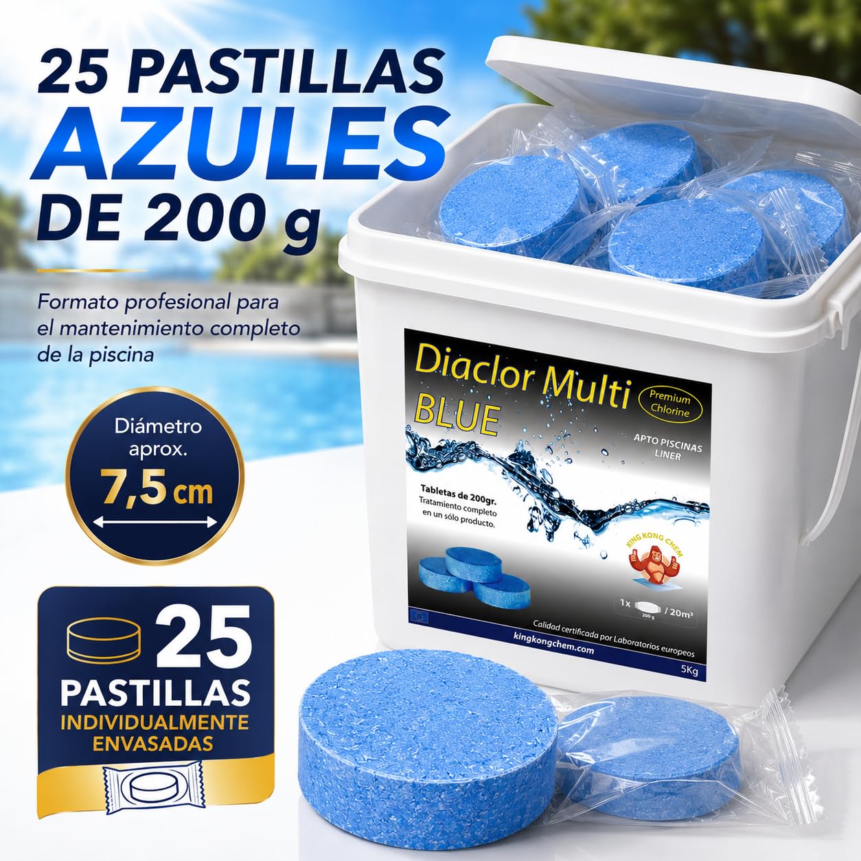 Pastillas de Cloro DIACLOR Multi Blue 200 gr 5 KG Extra clarificante - Envasado Individual - 25 Pastillas de Cloro Multiacción (Pastilla 200 gr - Diámetro 7,5 cm) – SIN Cobre
