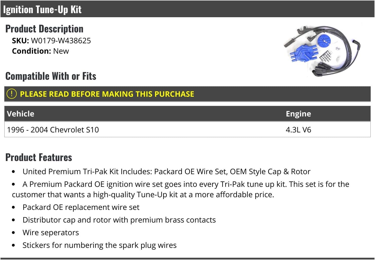 Marketplace Auto Parts Ignition Tune-Up Kit - Compatible with 1996-2004 Chevy S10 4.3L V6