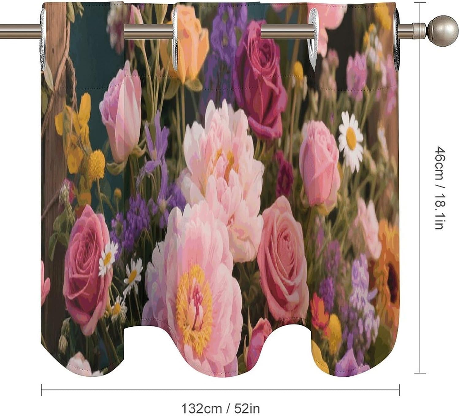 Retro Flowers Valance for Windows, 2 Pack Kitchen Curtains Modern Home Decor, Soft Blackout Window Curtains for Living Room & Bedroom, 18 X 52 Inch