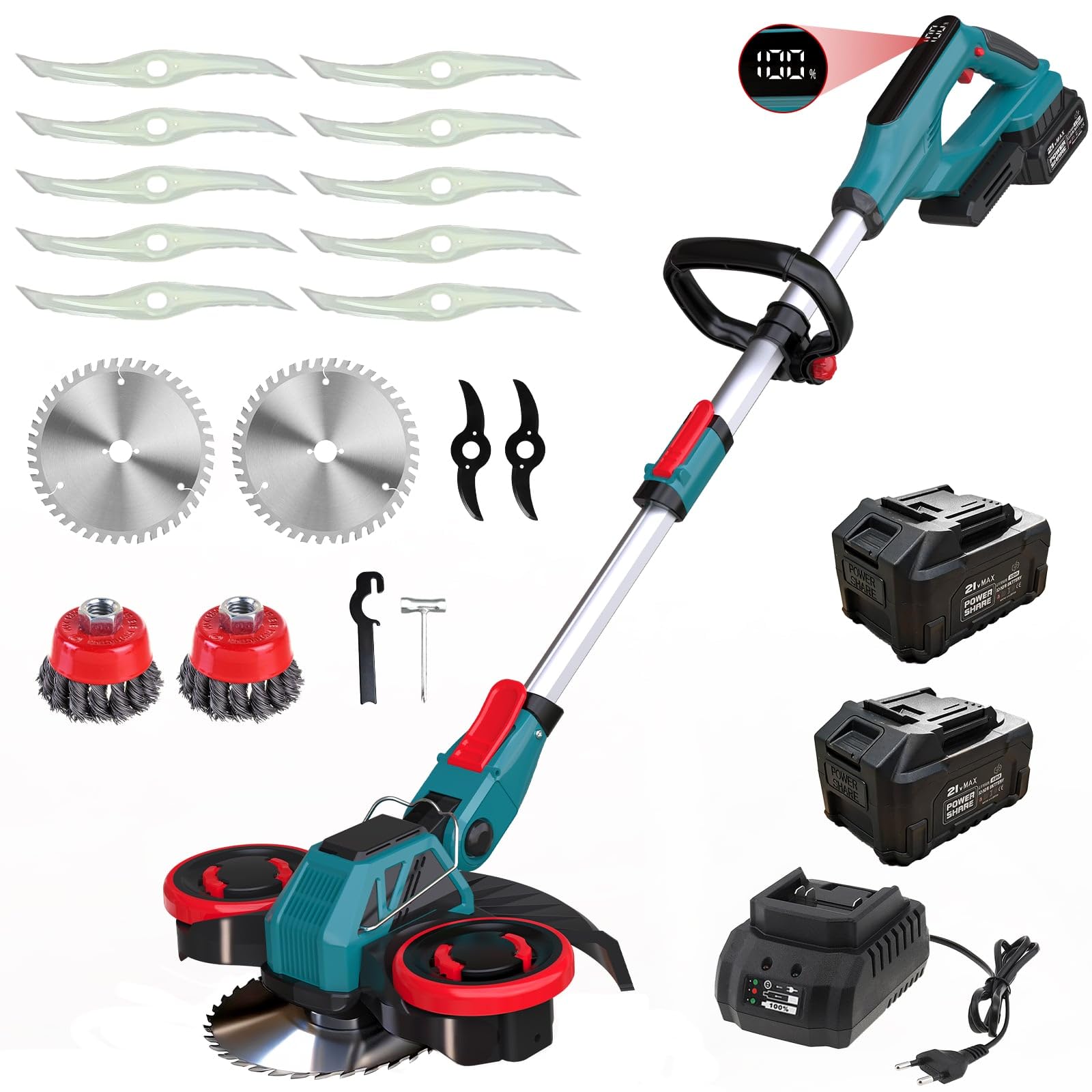 Akku Rasentrimmer für Makita Akkus, 3-in-1 kantenschneider & Rasentrimmer mit Unkrautbürste, Rasenkantenschneider, Freischneider Akku, Motorsense Akku - Inkl. 2 X 21V 4.0Ah Batterie & Ladegerät