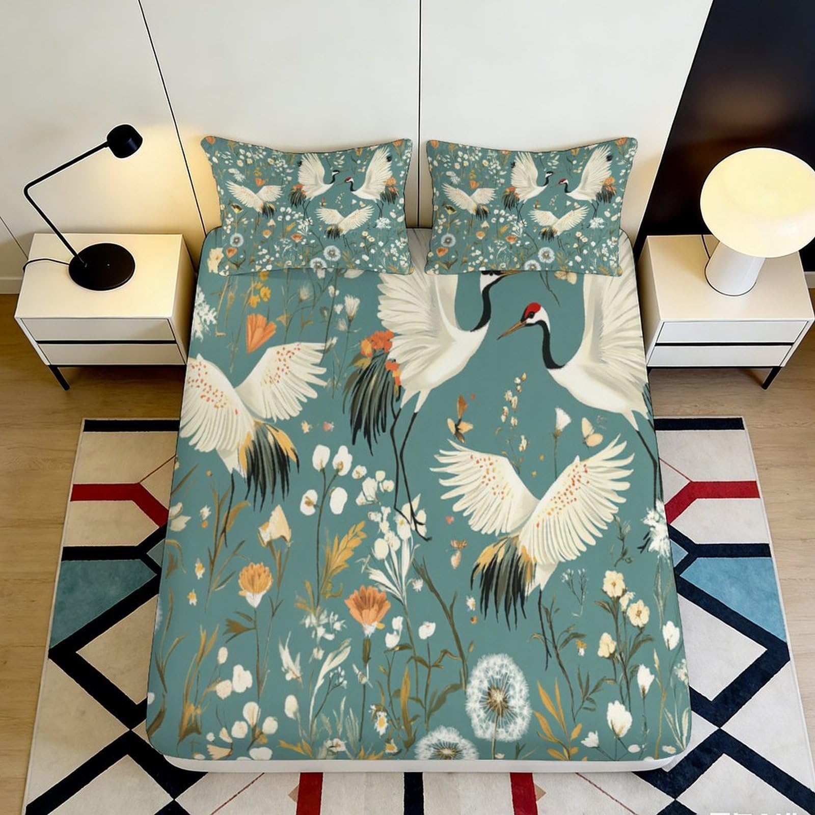 3D Printed Crane Pattern Fitted Sheet Microfiber Soft Breathable Floral Design Bed Cover for Bedroom Dormitory Guest Room Mattress Protection 200x200x25cm