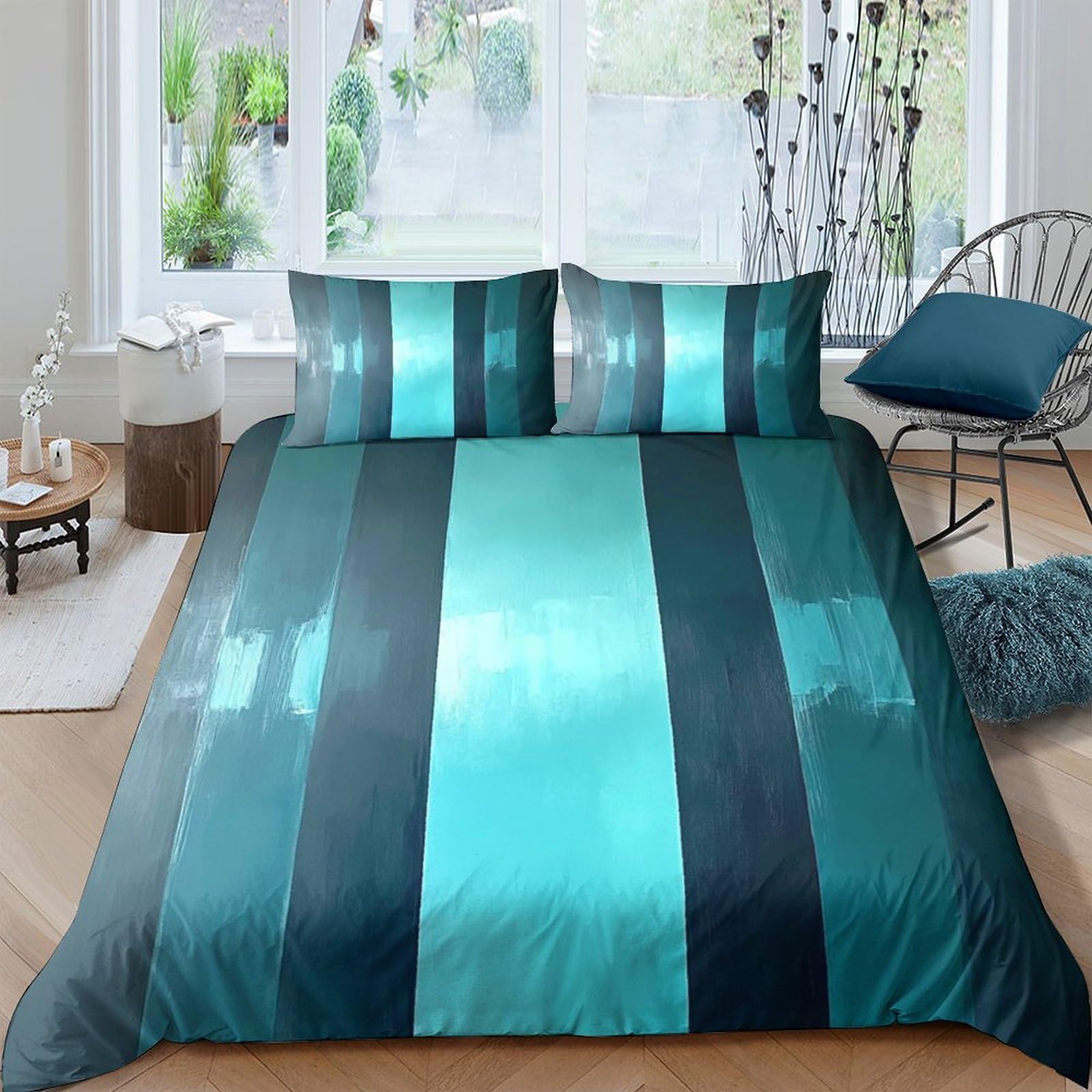 GPLZQXKJNH 3D Printed Teal Ombre Stripe Duvet Cover Microfiber Soft Breathable Blue Gradient Bedding Set with 2 Pillowcases Single（135x200cm）
