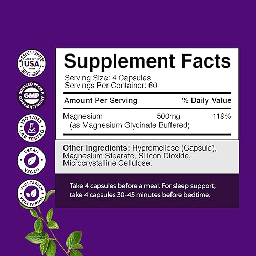 Miniatura 2 de Paquete de cápsulas de glicinato de magnesio de alta absorción para calmar el sueño, además de apoyo muscular para huesos y nervios y proteína de