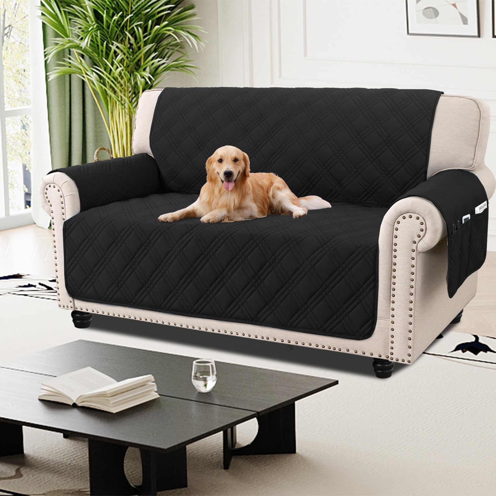 H.Versailtex Sofa Cover 100% Waterproof Sofa Covers 2 Seater Couch Covers Sofa Slipcovers with Elastic Straps Triple Non-Slip Sofa Cover Furniture Protector for Kids Black