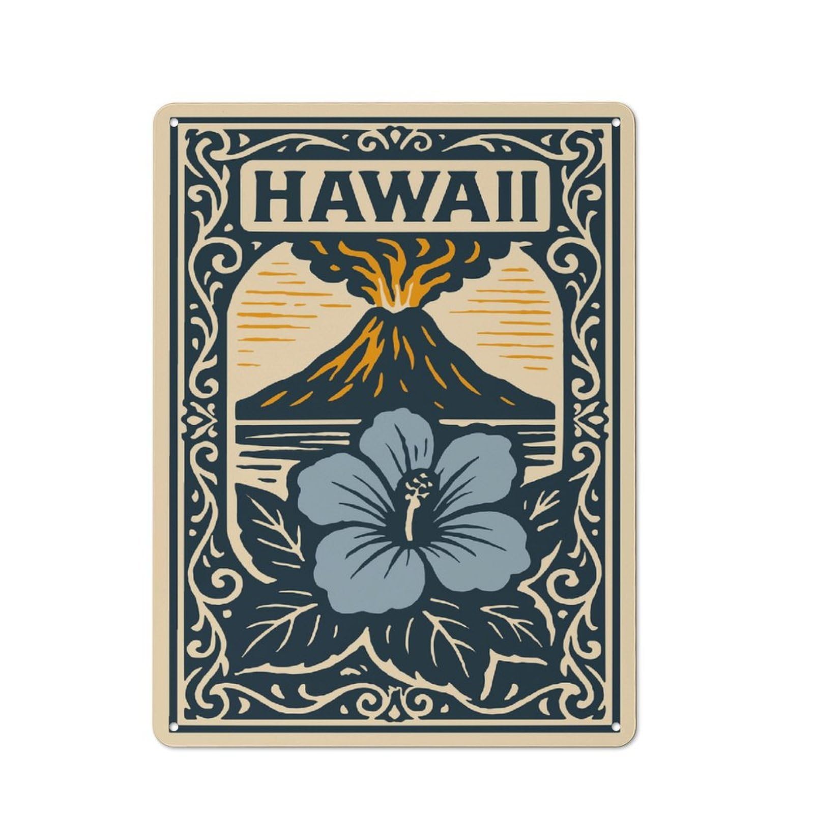 Junmoney Style-14 Metal Sign 40X30cm With Hawaii Volcano And Hibiscus Illustration For Pub Or Café, Vintage Decor, For Metal Sign Collectors, For Garage And Workshop Walls