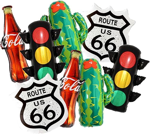 Juego de 66 globos de aluminio vintage US Highway - Letrero vintage de 66 autopistas, cactus, botella de cola y globos de semáforo, decoración retro