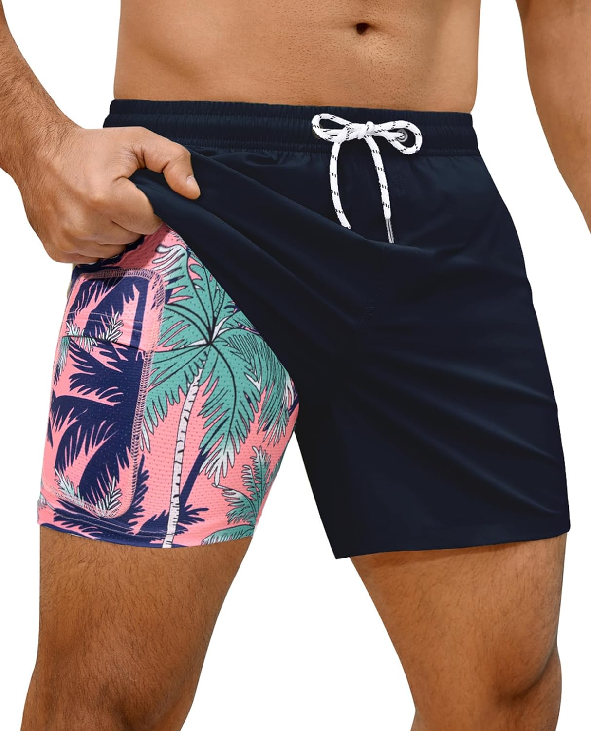7inch Mens Swim Trunks: 2 in 1 with Compression Liner Stretch Quick Dry Drawstring Shark Pockets Beach Pool Vacation
