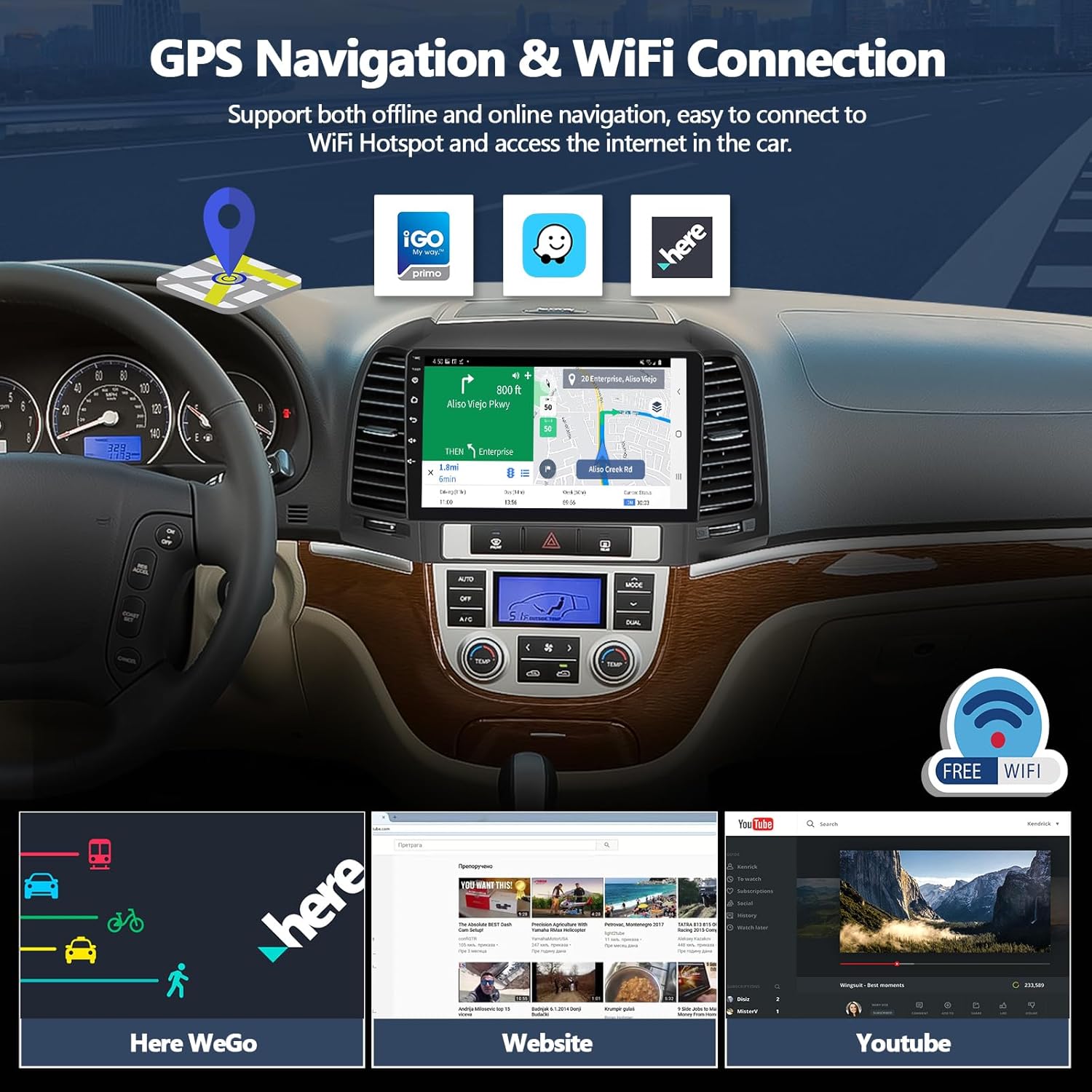 Car stereo display showing GPS navigation with various map apps and a WiFi icon.