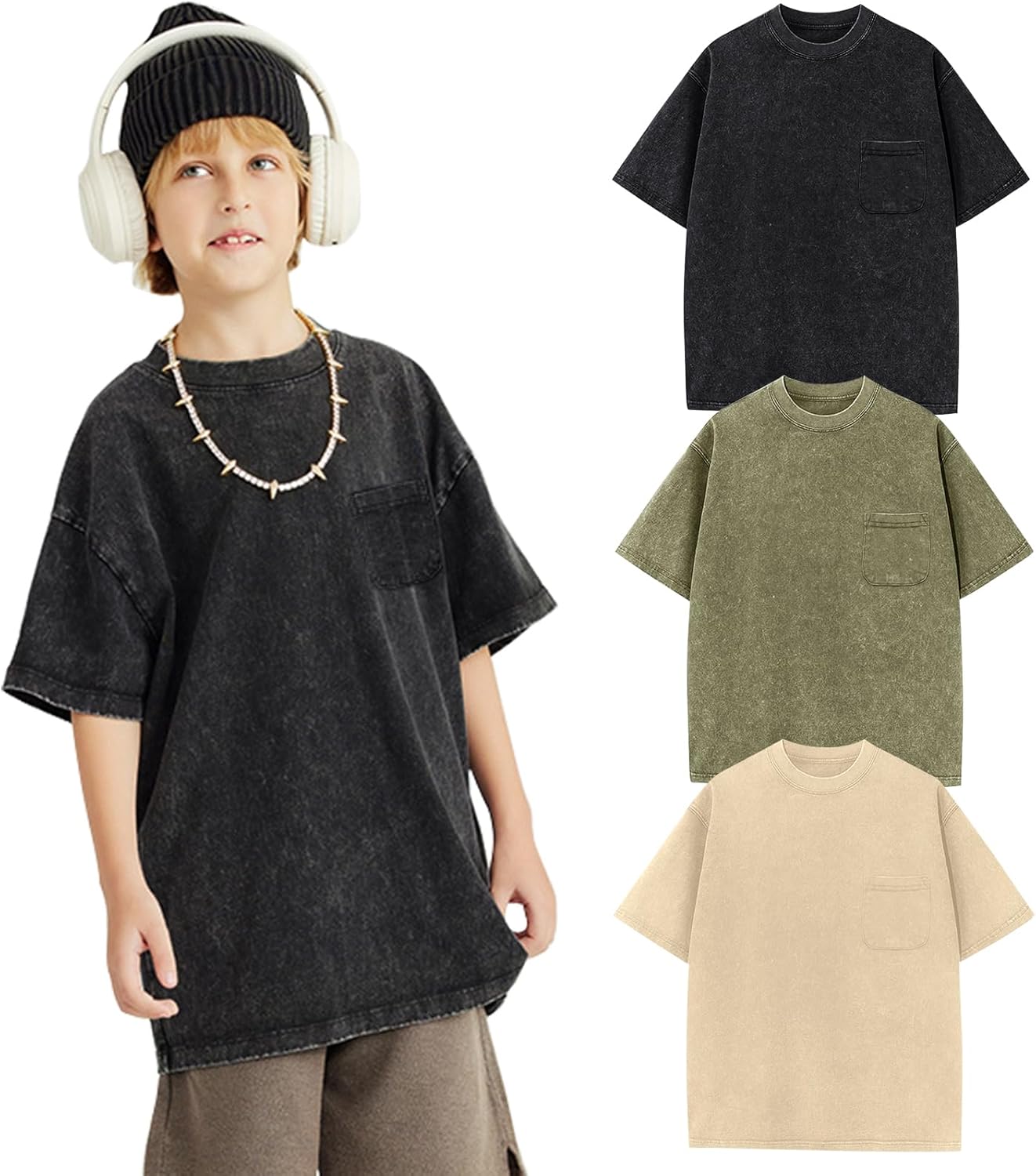 Arssm 3 Pack Boys Tshirts Kids Oversized T Shirts Cotton Acid Wash Crewneck Summer Basic Tees