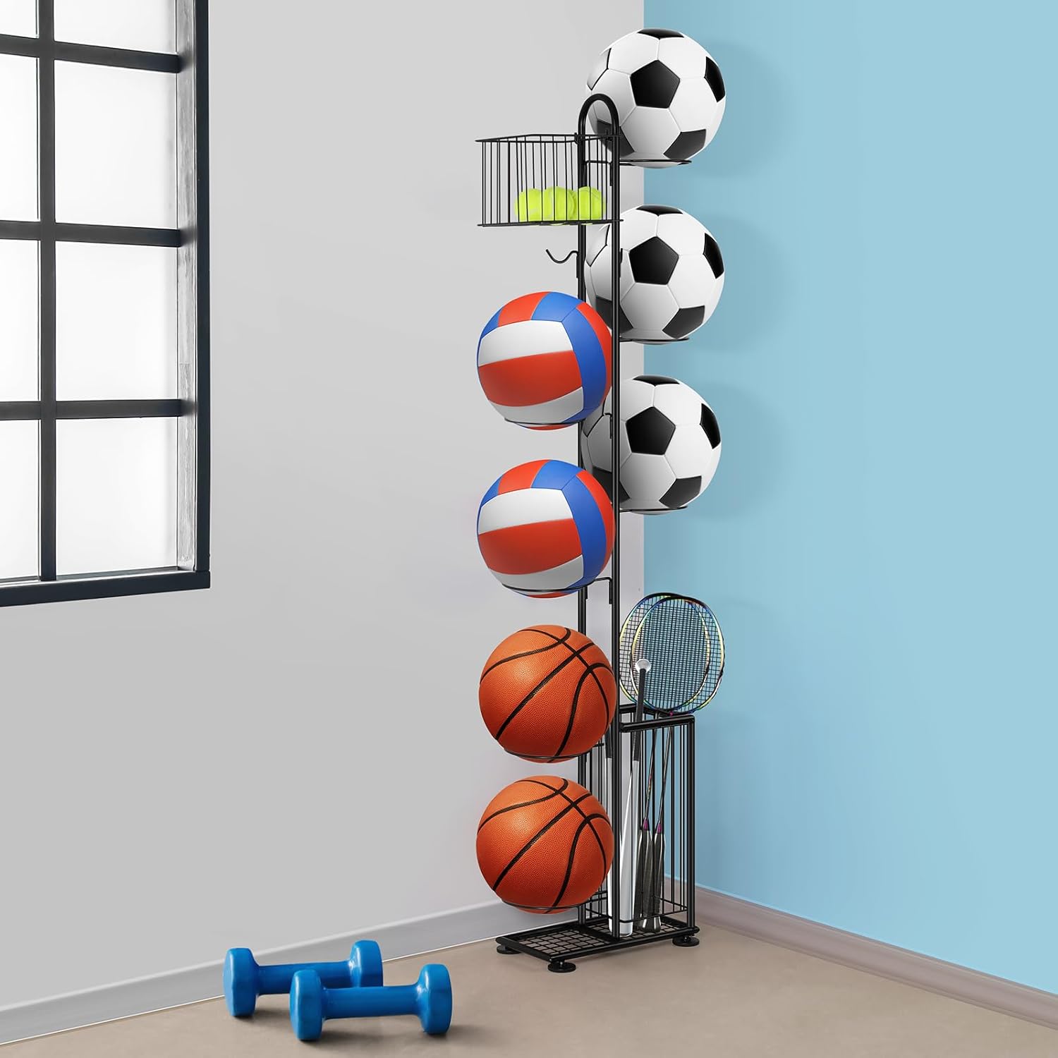 Basketball Ball Storage Rack 7 Tier Standing Basketball Holder Vertical Garage Ball Storage Ball Sports Equipment Storage Organizer with Baskets and Hooks for Volleyball Football Badminton, Black