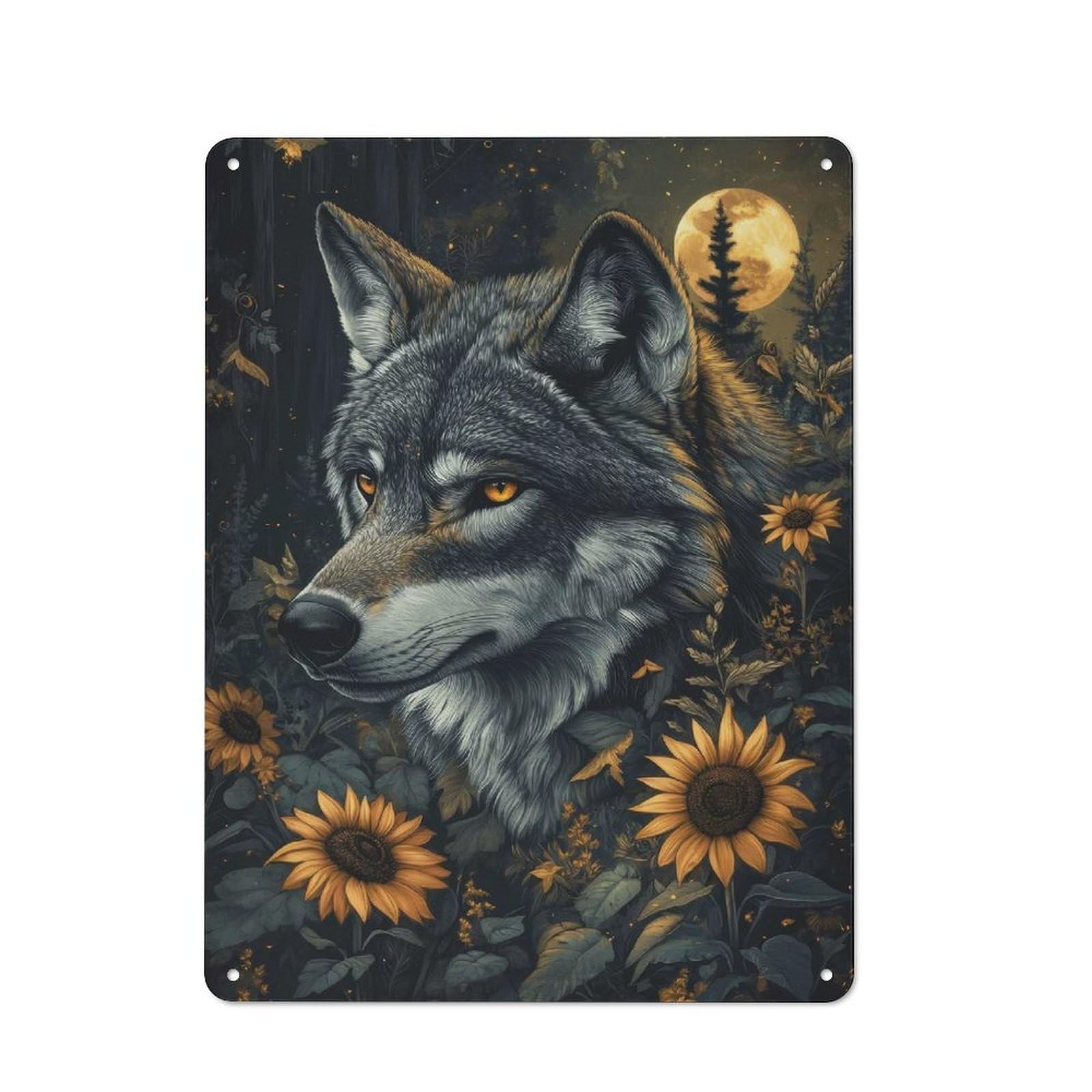 Junmoney Wolf In Sunflower Field Metal Sign 40X30cm With For Pub Or Café, Vintage Decor, For Metal Sign Collectors, For Garage And Workshop Walls