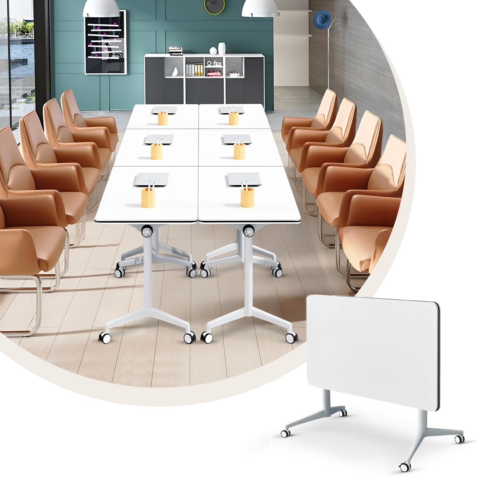 Tavolo da conferenza pieghevole modulare con coperchio ribaltabile, design salvaspazio versatile per riunioni e uffici, ideale per collaborazioni ed eventi